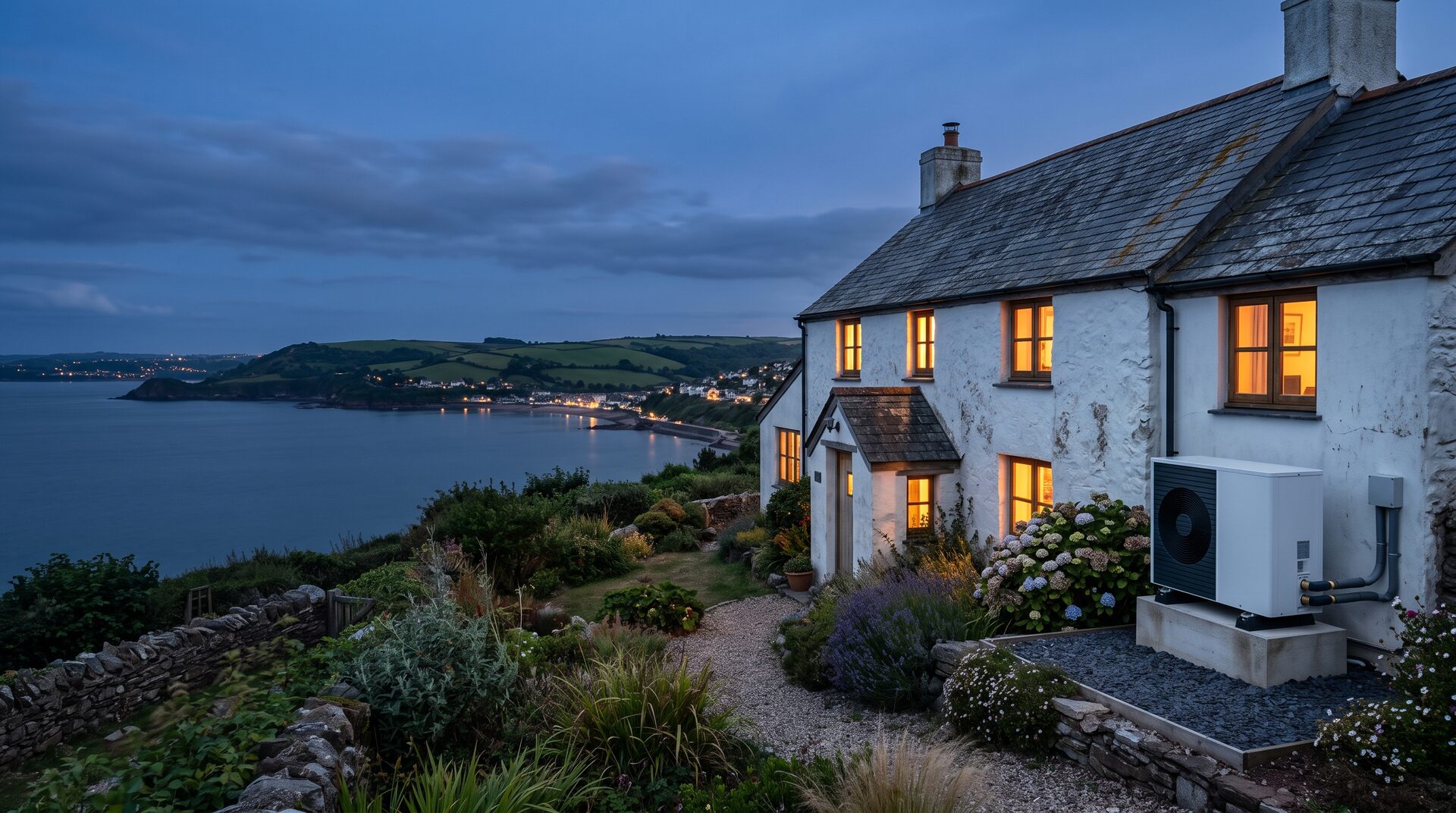 A Devon coastal cottage at dusk with an air source heat pump beside it