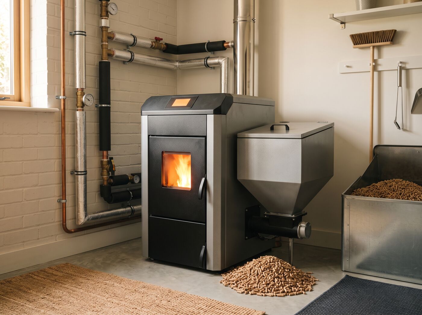 A wood pellet biomass boiler with a flame visible through its window