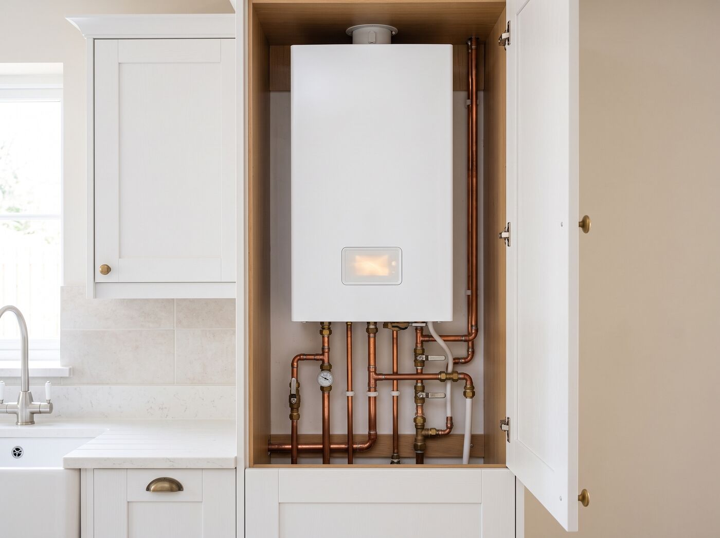 A modern combi boiler neatly fitted in a kitchen cupboard