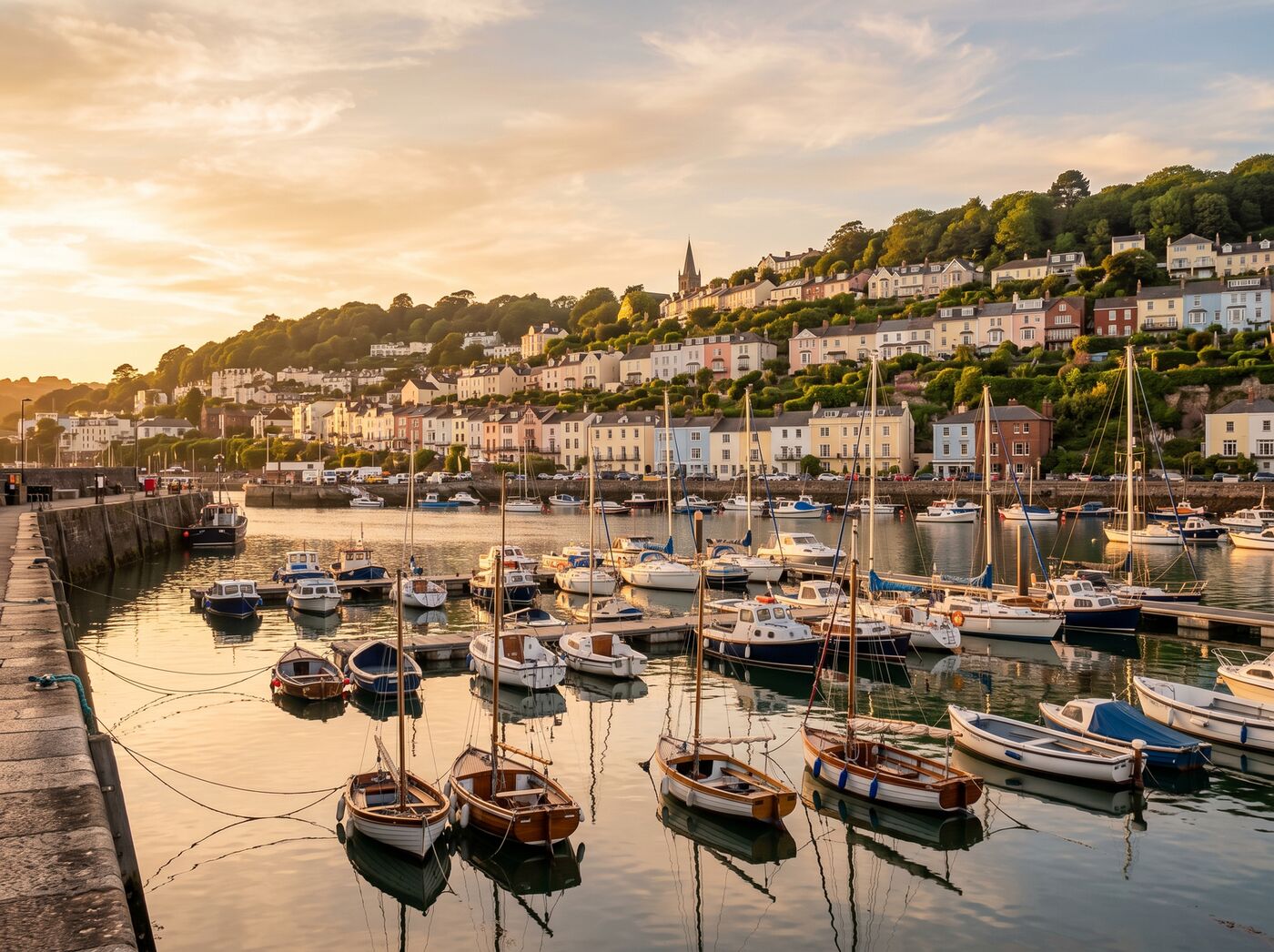 A Devon harbour at golden hour with boats and hillside houses