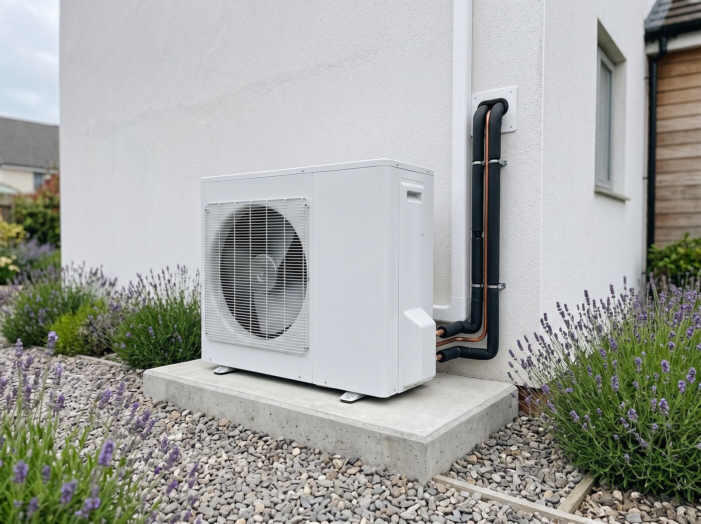 An air source heat pump outdoor unit with insulated pipework