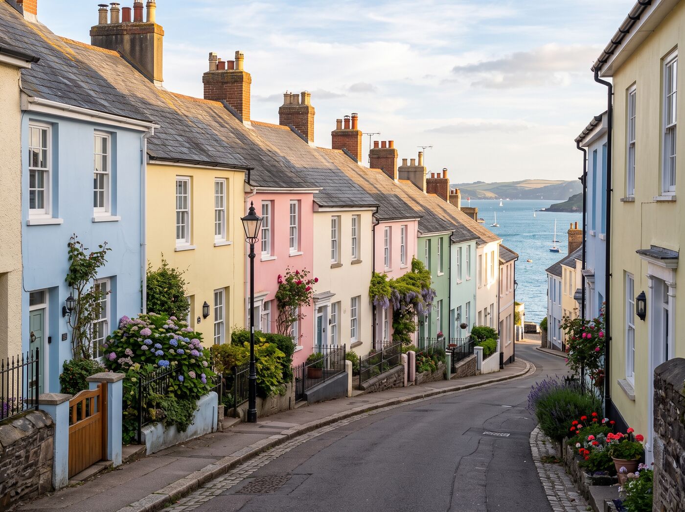 A row of painted terraced houses on a Devon seaside street