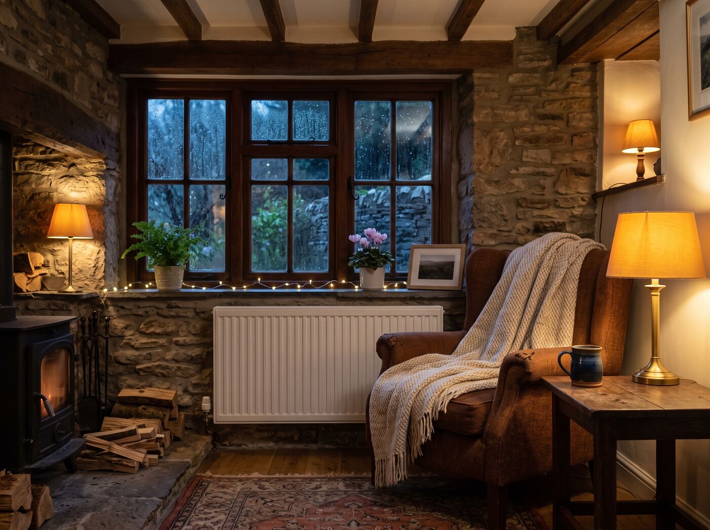 A cosy, warm living room in the evening