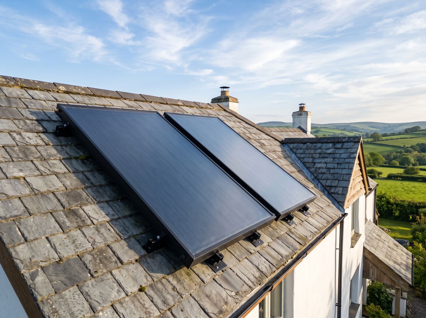 Flat plate solar thermal panels on the slate roof of a Devon cottage