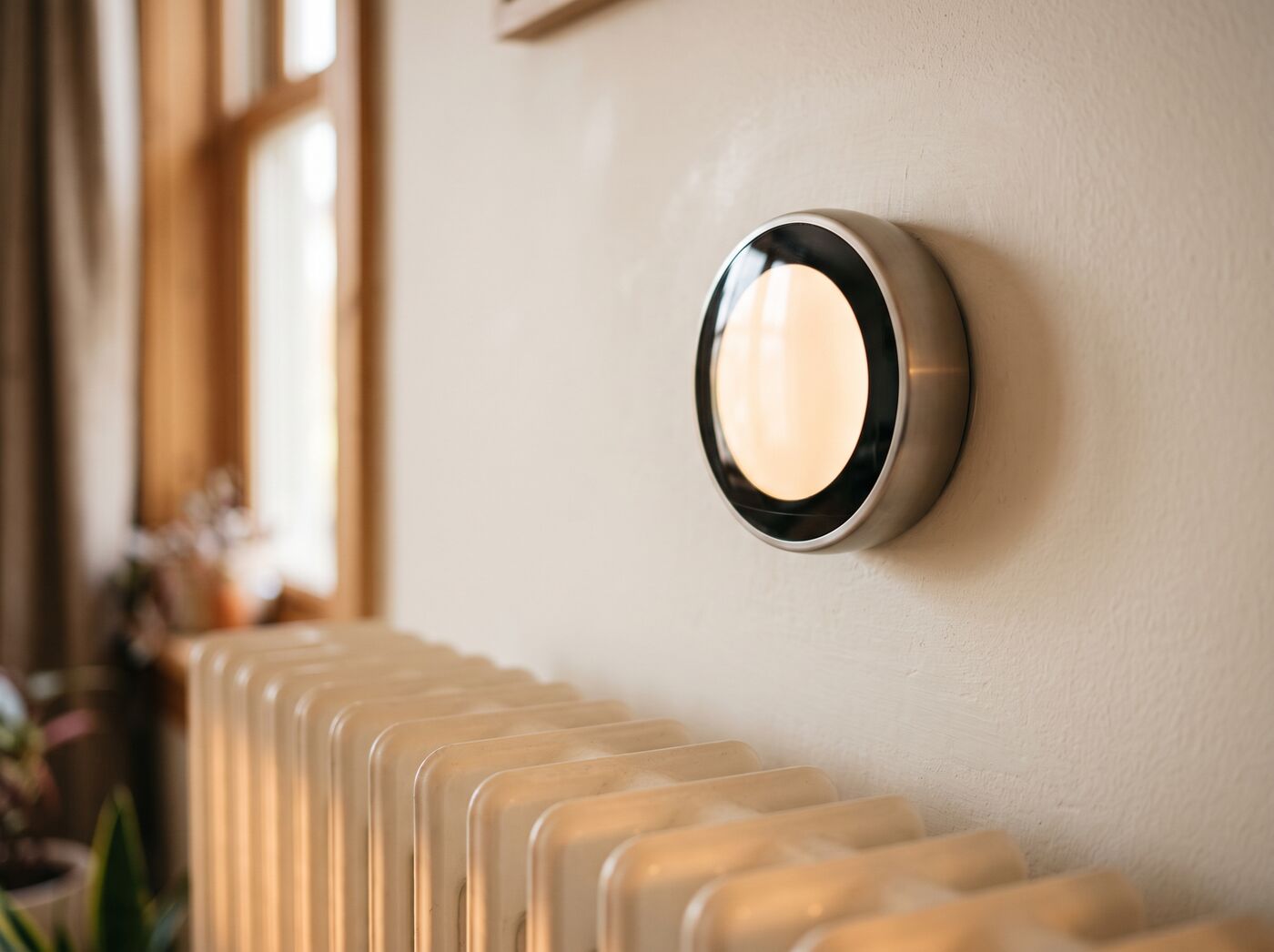 A round wall thermostat above a warm radiator