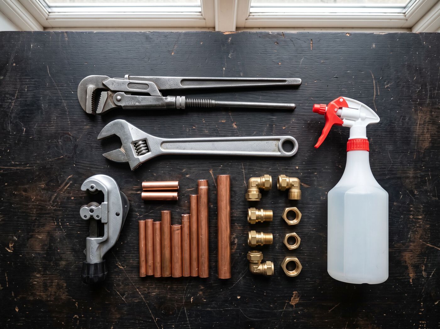 Heating engineer tools and copper fittings ready for a job